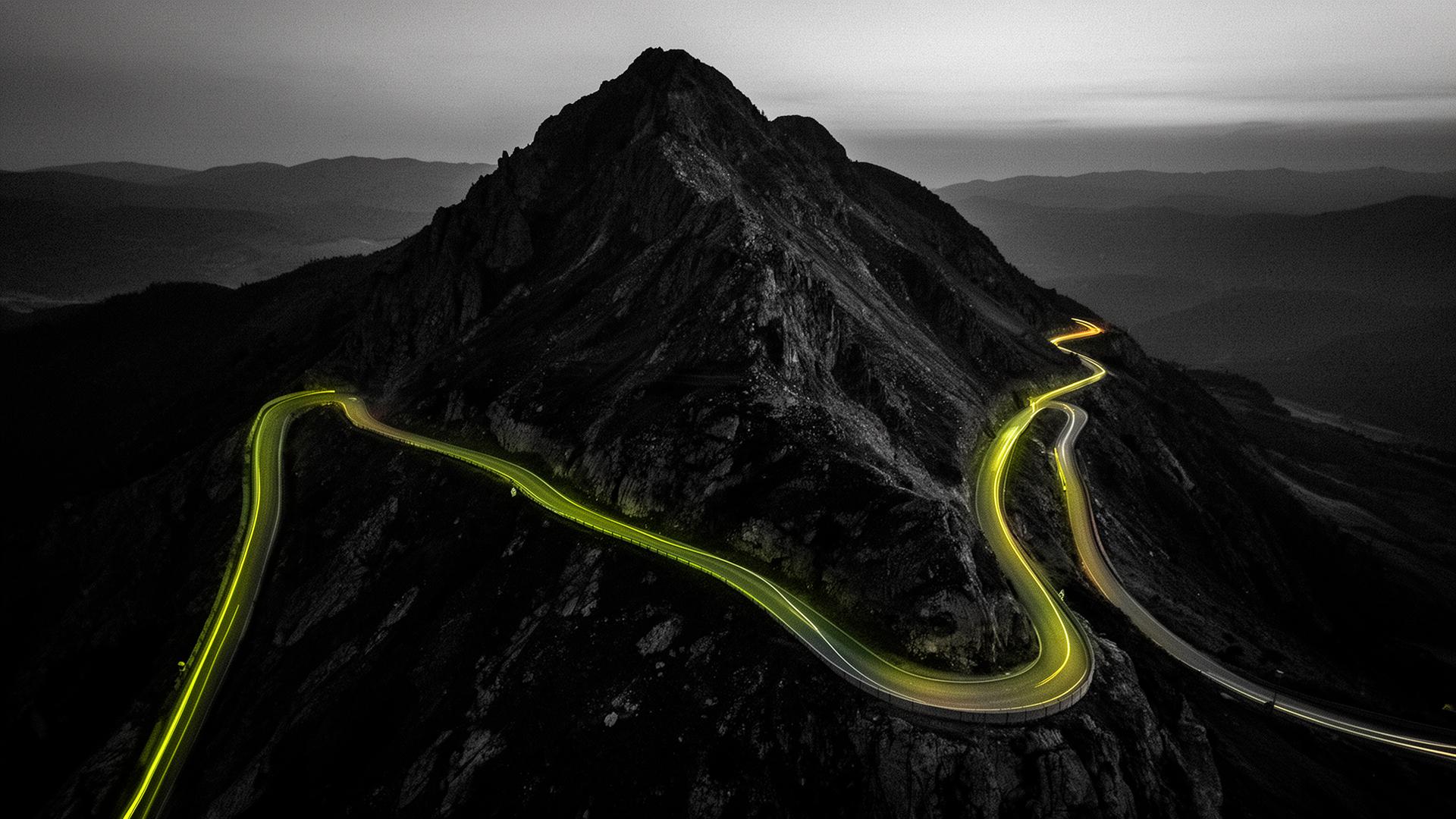 Winding mountain road glowing at dusk