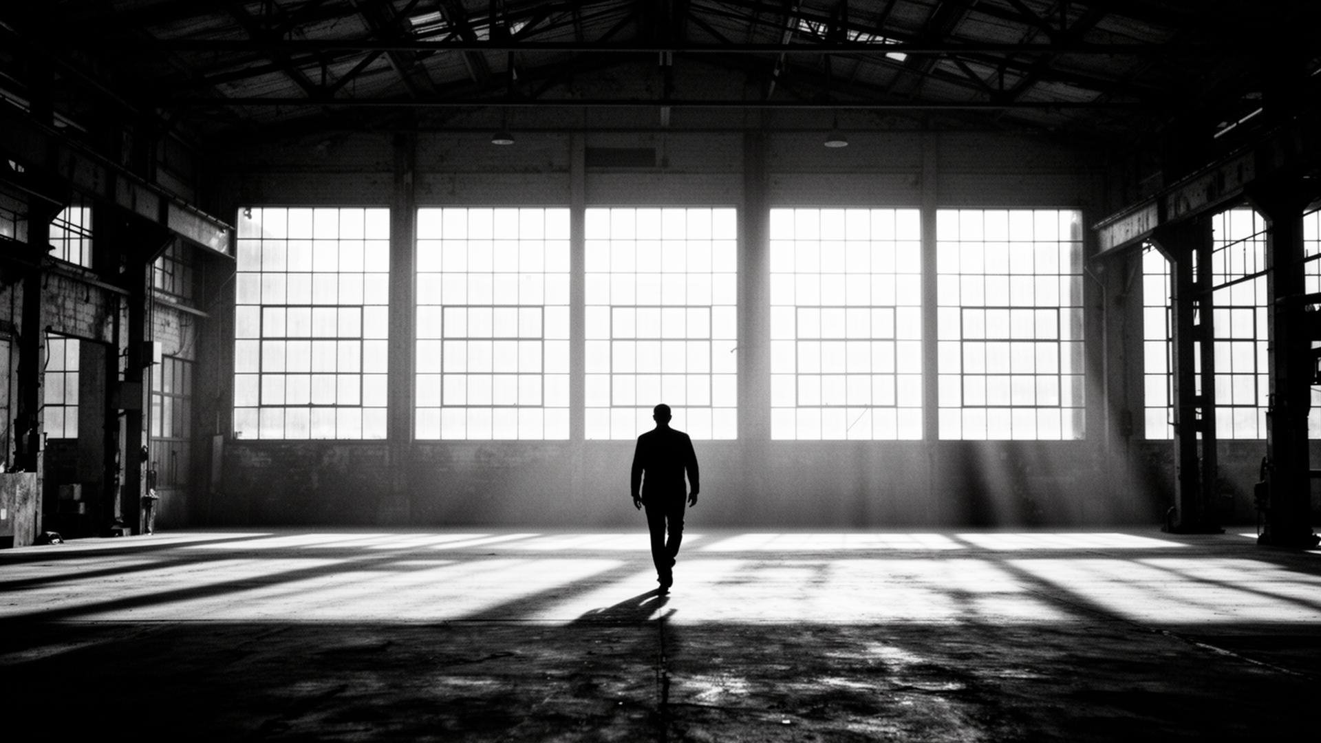 Lone silhouette in vast warehouse